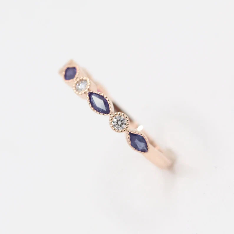 14K MARQUISE SAPPHIRE DIAMOND ART DECO BAND