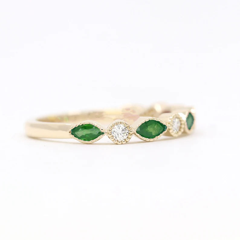 14K MARQUISE EMERALD DIAMOND ART DECO BAND