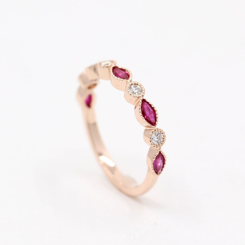 14K MARQUISE RUBY DIAMOND ART DECO BAND