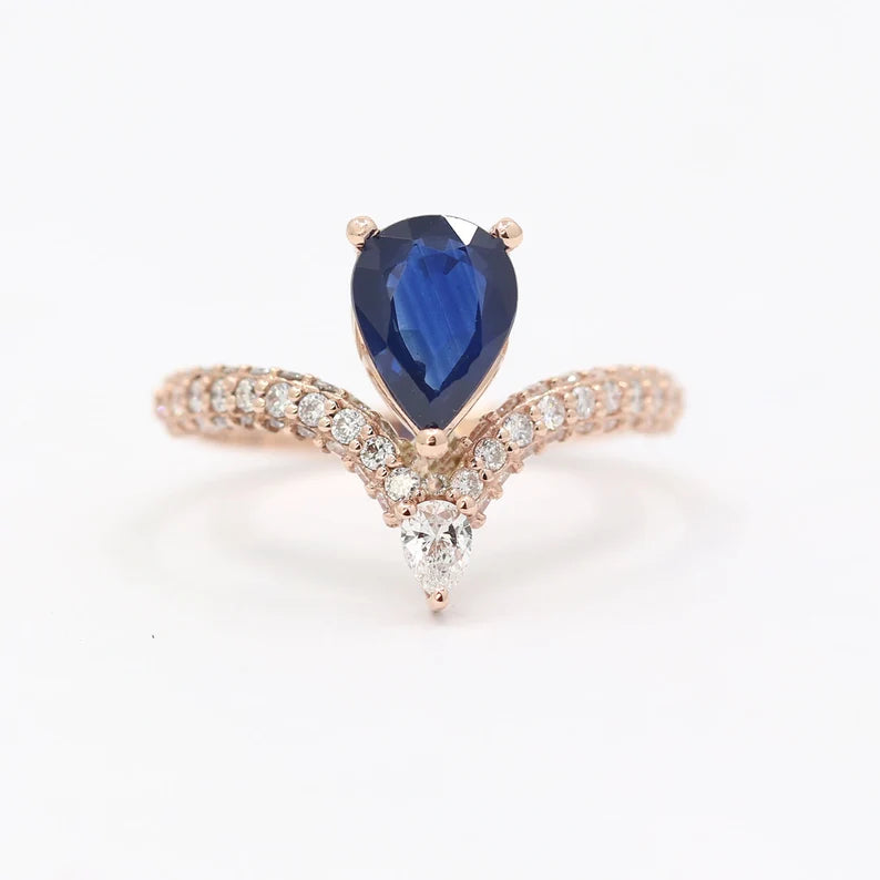 14K SAPPHIRE DIAMOND CHEVRON RING