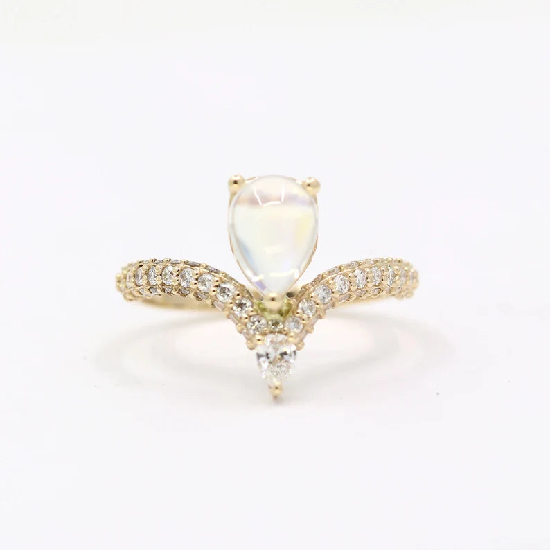 14K MOONSTONE DIAMOND CHEVRON RING