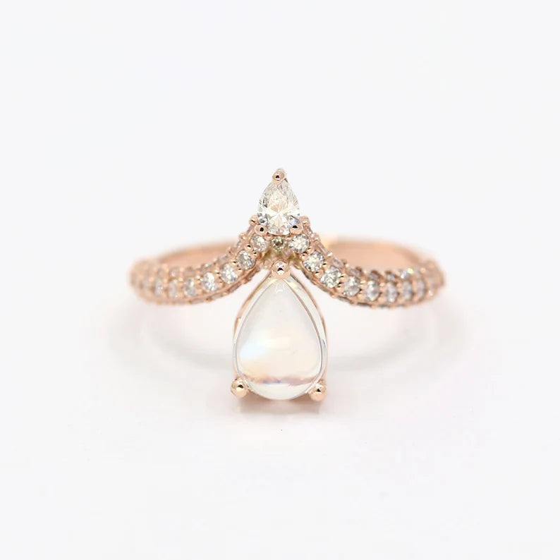 14K MOONSTONE DIAMOND CHEVRON RING