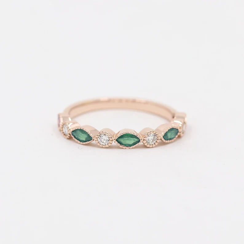 14K MARQUISE EMERALD DIAMOND ART DECO BAND
