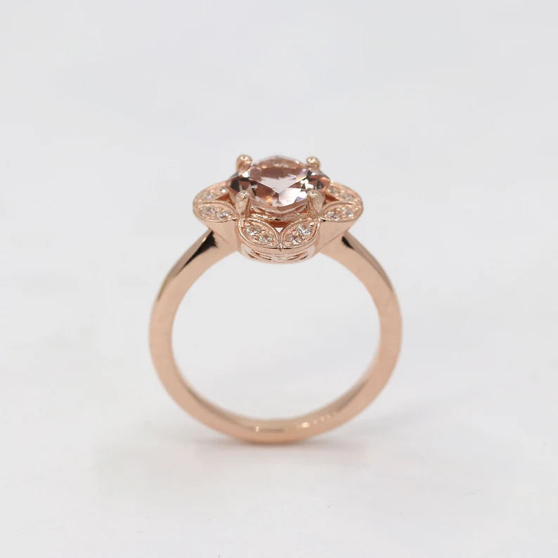 14K CUSHION MORGANITE DIAMOND FLOWER RING