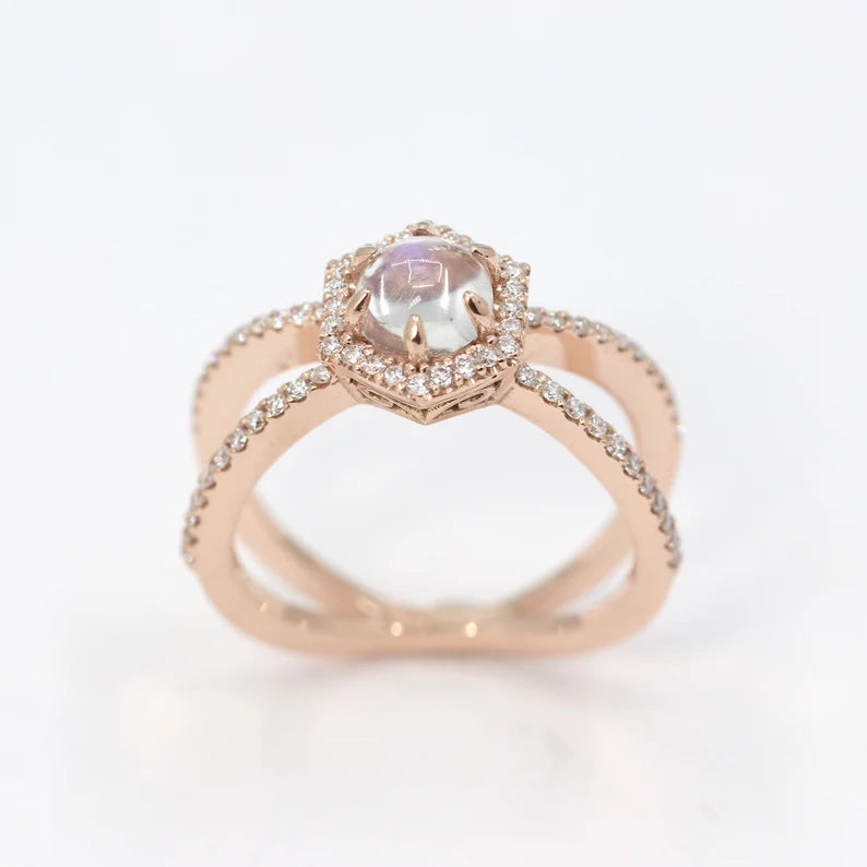 14K MOONSTONE DIAMOND HEXAGON RING