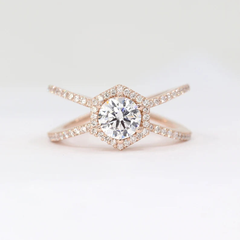 14K MOISSANITE DIAMOND HALO HEXAGON RING