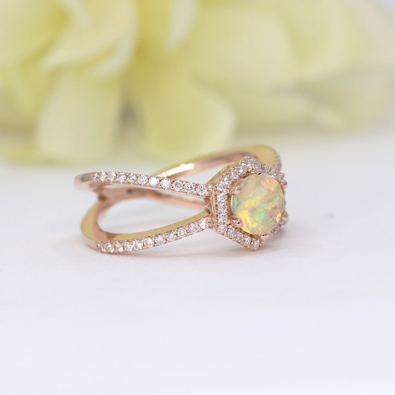 14K OPAL DIAMOND HALO HEXAGON DOUBLE BAND RING