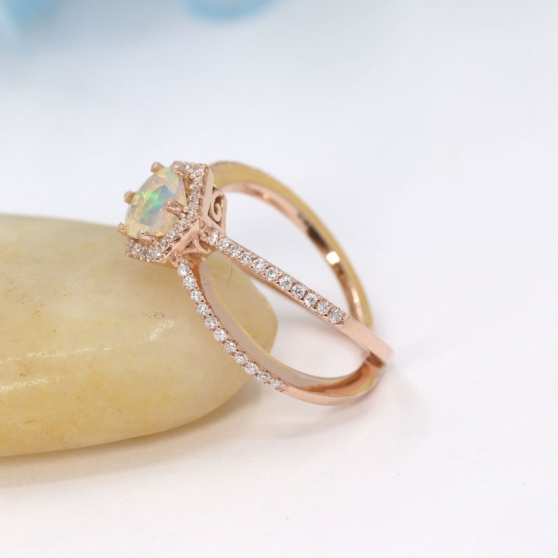 14K OPAL DIAMOND HALO HEXAGON DOUBLE BAND RING