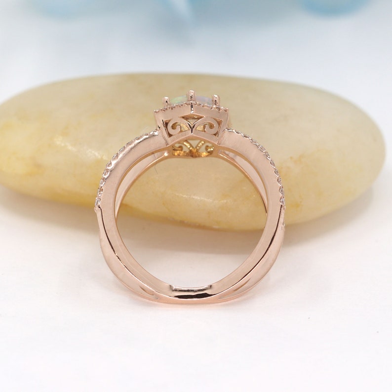 14K OPAL DIAMOND HALO HEXAGON DOUBLE BAND RING