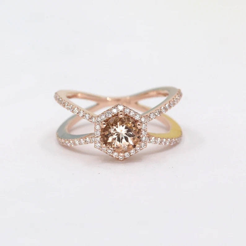 14K MORGANITE DIAMOND HALO HEXAGON DOUBLE BAND RING