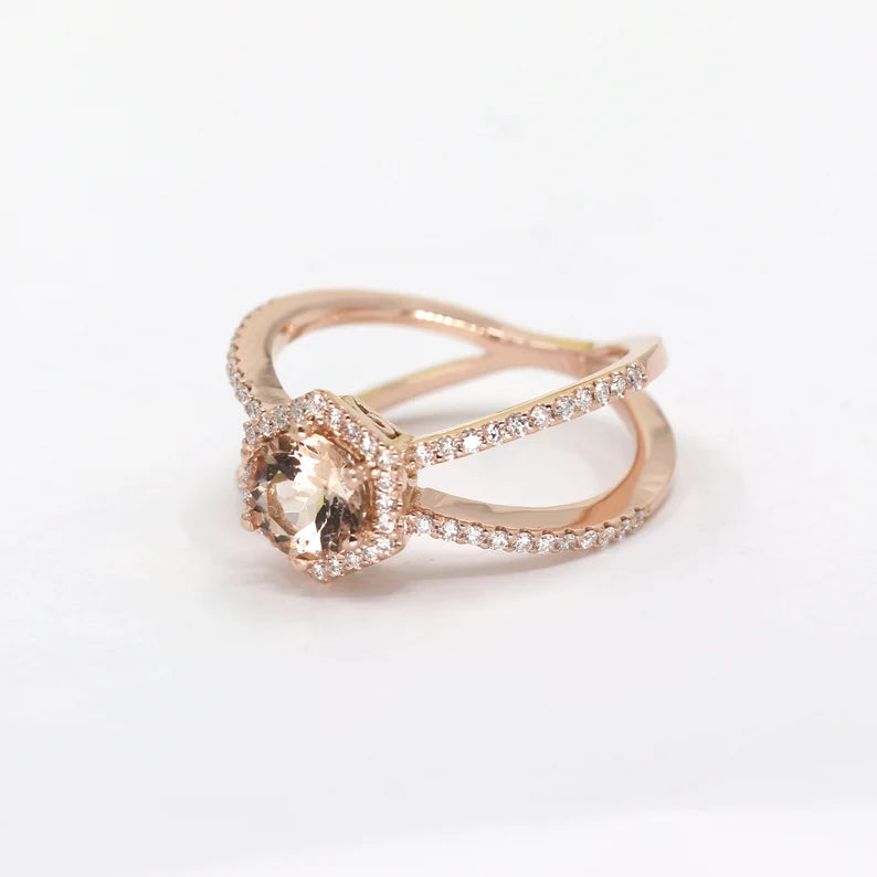 14K MORGANITE DIAMOND HALO HEXAGON DOUBLE BAND RING