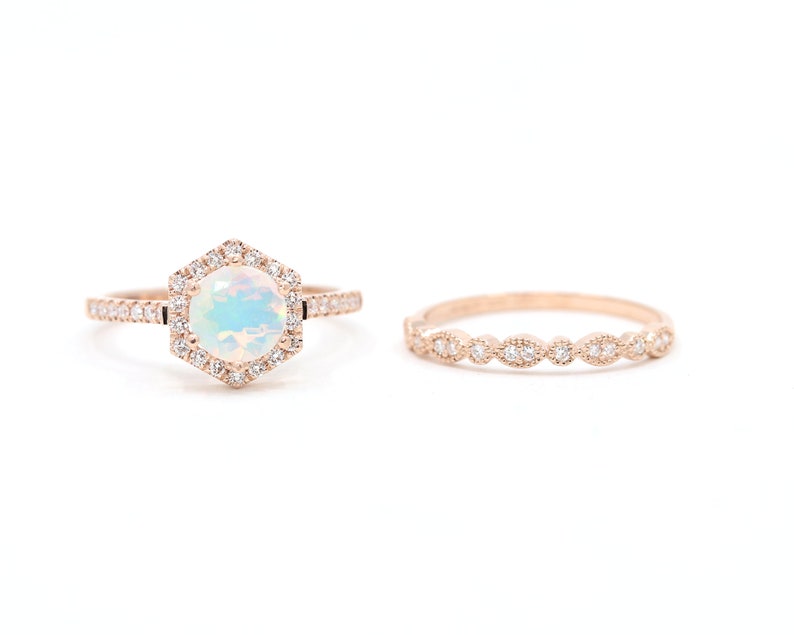 14K OPAL DIAMOND HALO HEXAGON RING ART DECO BAND 2 RING SET