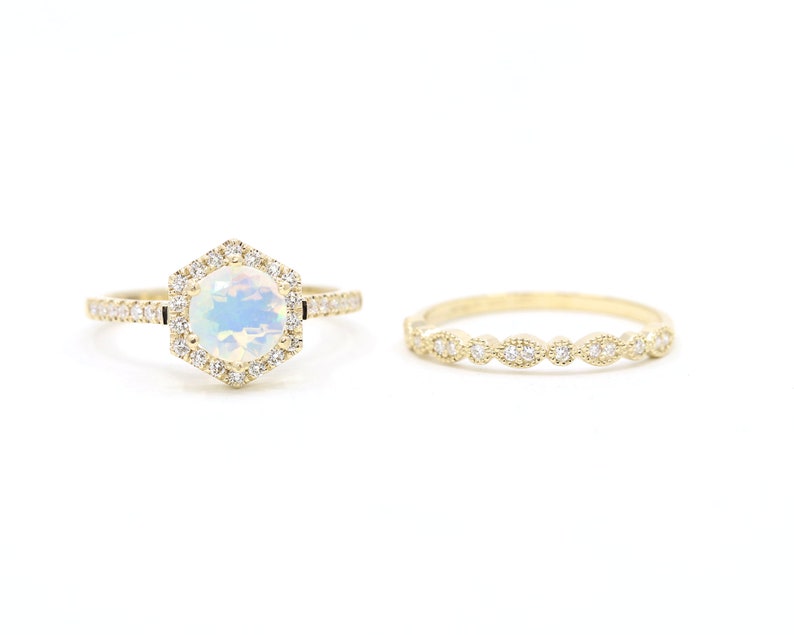 14K OPAL DIAMOND HALO HEXAGON RING ART DECO BAND 2 RING SET