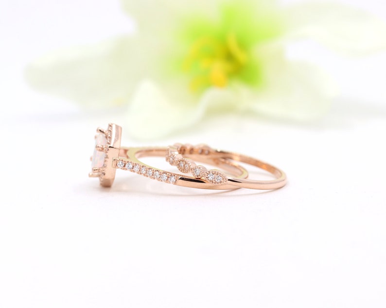 14K OPAL DIAMOND HALO HEXAGON RING ART DECO BAND 2 RING SET