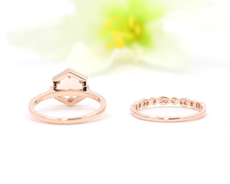 14K OPAL DIAMOND HALO HEXAGON RING ART DECO BAND 2 RING SET