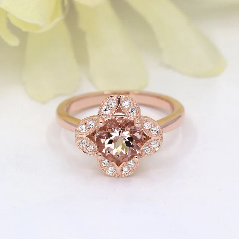 14K MORGANITE DIAMOND FLOWER RING