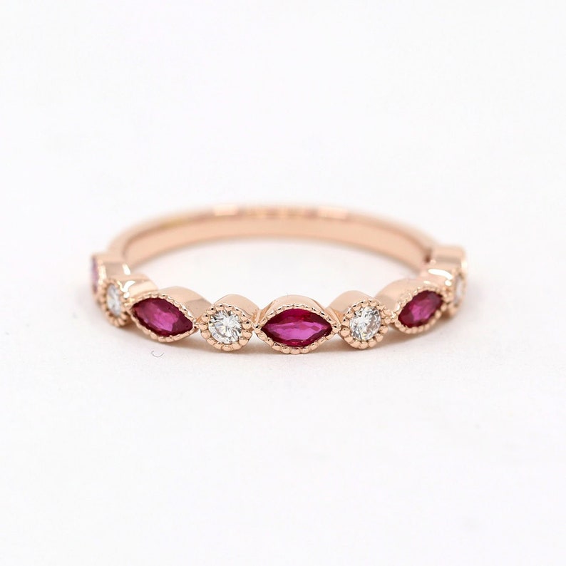 14K MARQUISE RUBY DIAMOND ART DECO BAND
