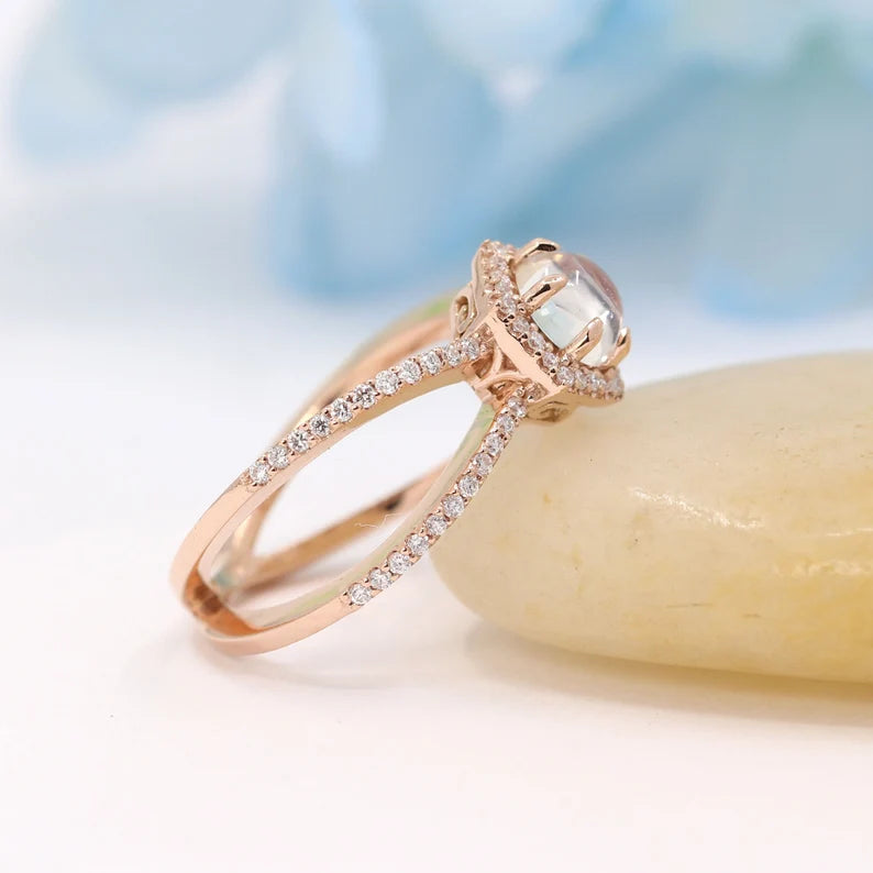 14K MOONSTONE DIAMOND HEXAGON RING