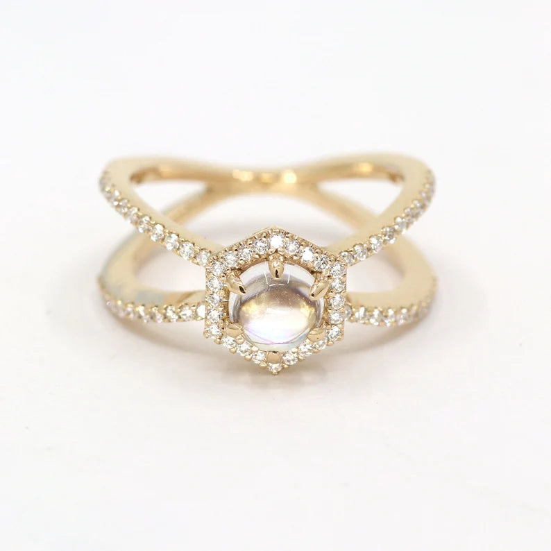 14K MOONSTONE DIAMOND HEXAGON RING