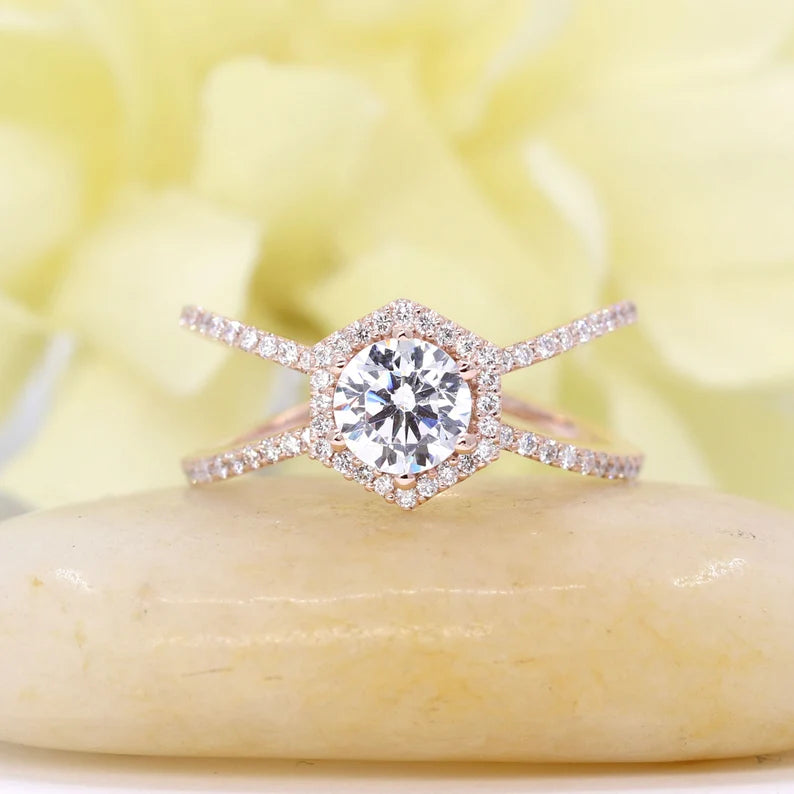 14K MOISSANITE DIAMOND HALO HEXAGON RING