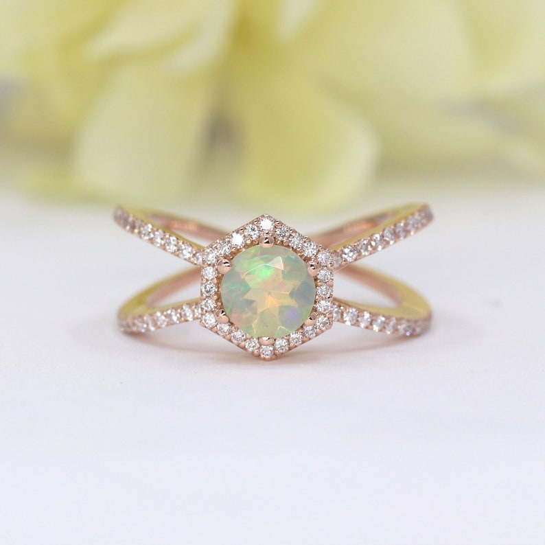 14K OPAL DIAMOND HALO HEXAGON DOUBLE BAND RING