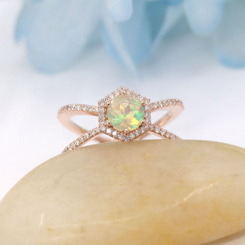 14K OPAL DIAMOND HALO HEXAGON DOUBLE BAND RING
