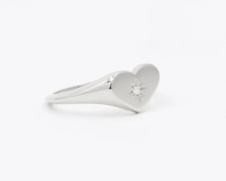 14K FLAME DIAMOND HEART SIGNET BAND