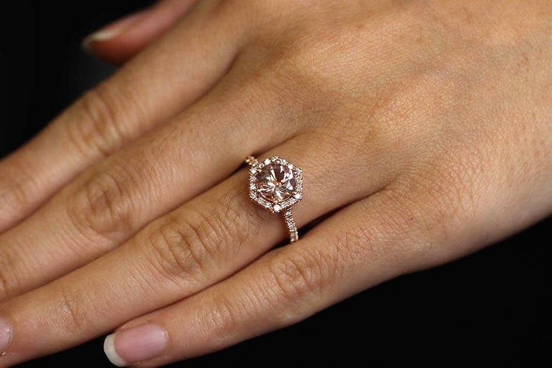 14K MORGANITE DIAMOND HALO HEXAGON RING