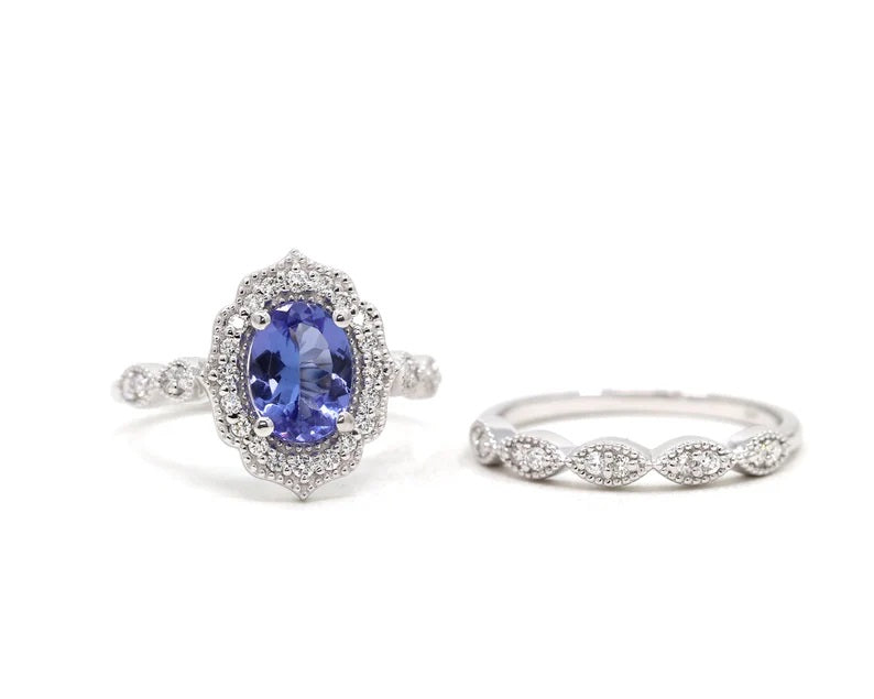 14K TANZANITE DIAMOND FLORAL BRIDAL SET