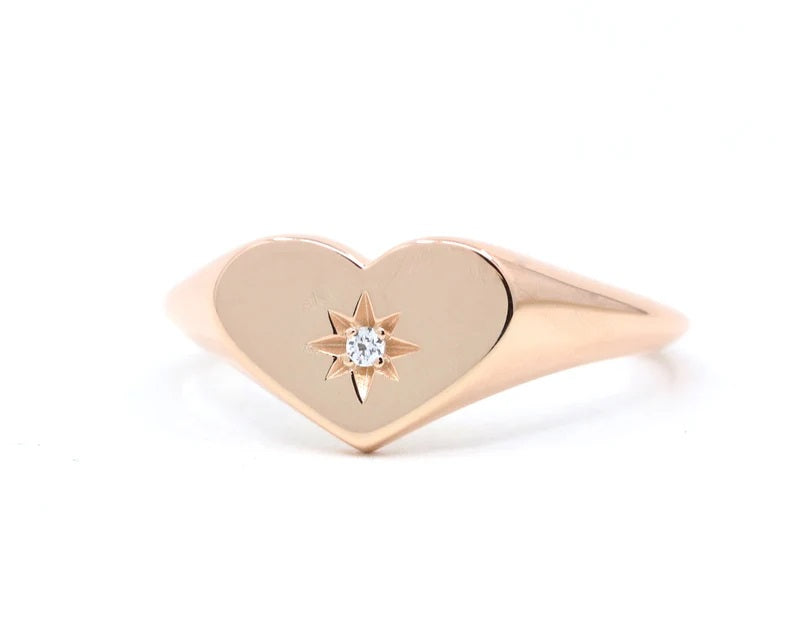 14K FLAME DIAMOND HEART SIGNET BAND