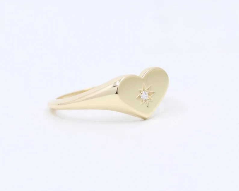 14K FLAME DIAMOND HEART SIGNET BAND