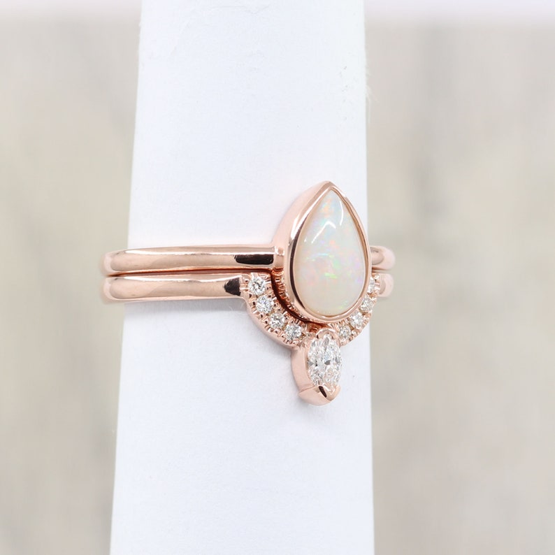 14K PEAR OPAL BEZEL RING MARQUISE DIAMOND U BAND 2 RING SET