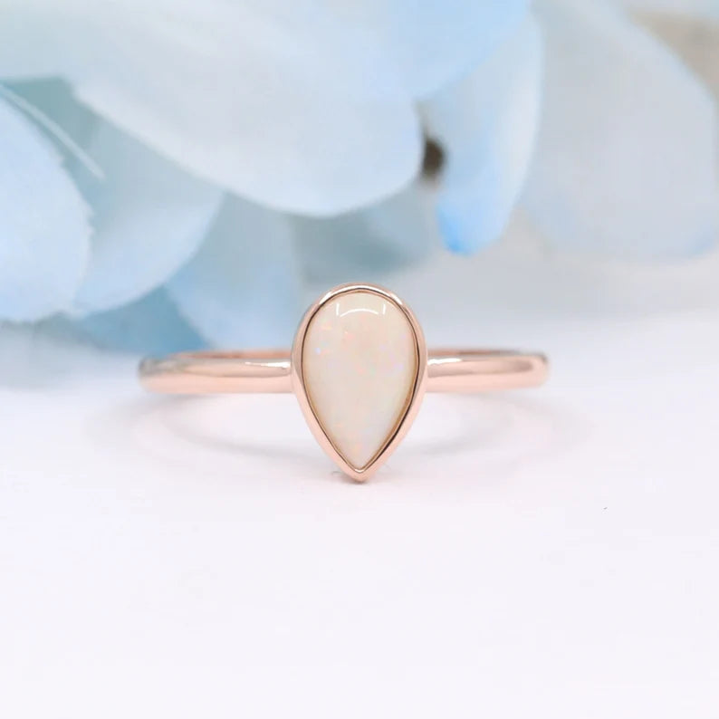 14K PEAR OPAL BEZEL RING MARQUISE DIAMOND CHEVRON BAND 2 RING SET