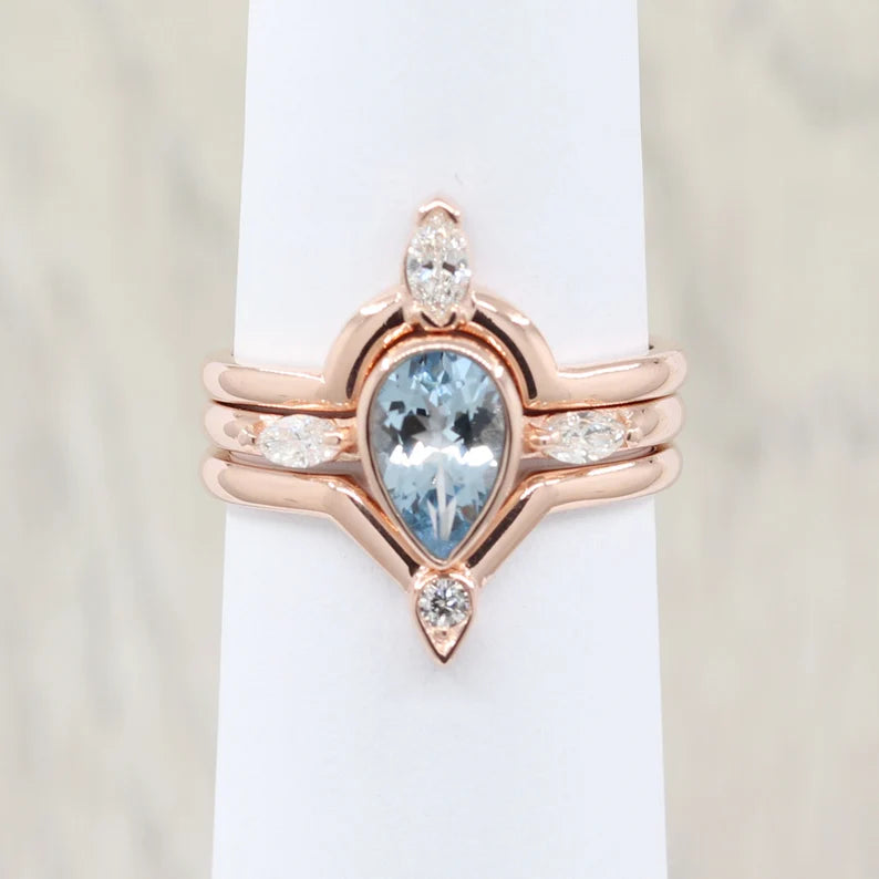 14K PEAR AQUAMARINE BEZEL RING MARQUISE DIAMOND CROWN U BAND 3 RING SET