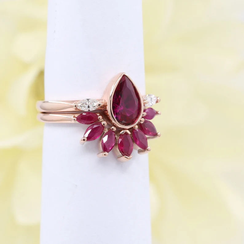 14K RUBY BEZEL RING MARQUISE RUBY CROWN U BAND 2 RING SET