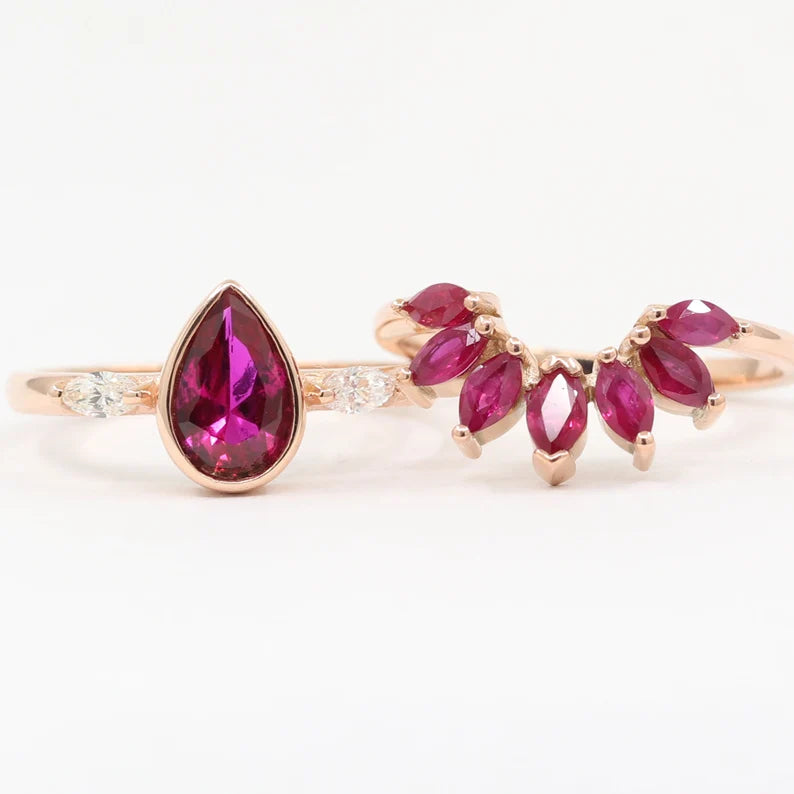 14K RUBY BEZEL RING MARQUISE RUBY CROWN U BAND 2 RING SET