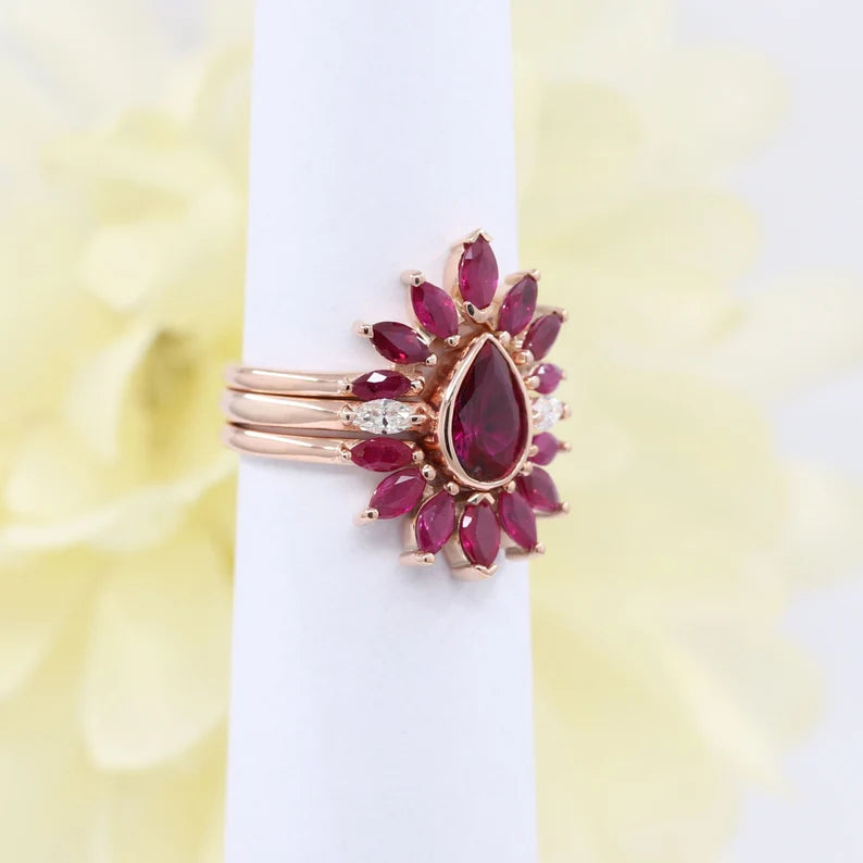 14K RUBY BEZEL RING MARQUISE RUBY CROWN U BAND 3 RING SET