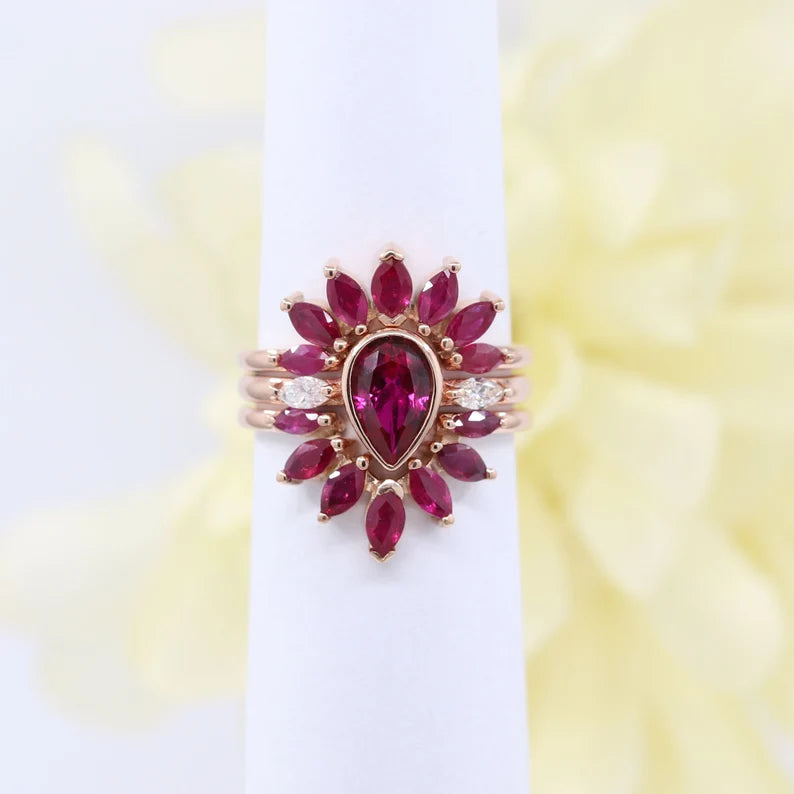 14K RUBY BEZEL RING MARQUISE RUBY CROWN U BAND 3 RING SET
