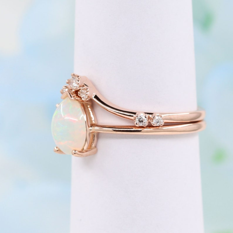 14K PEAR OPAL RING DIAMOND CHEVRON BAND 2 RING SET