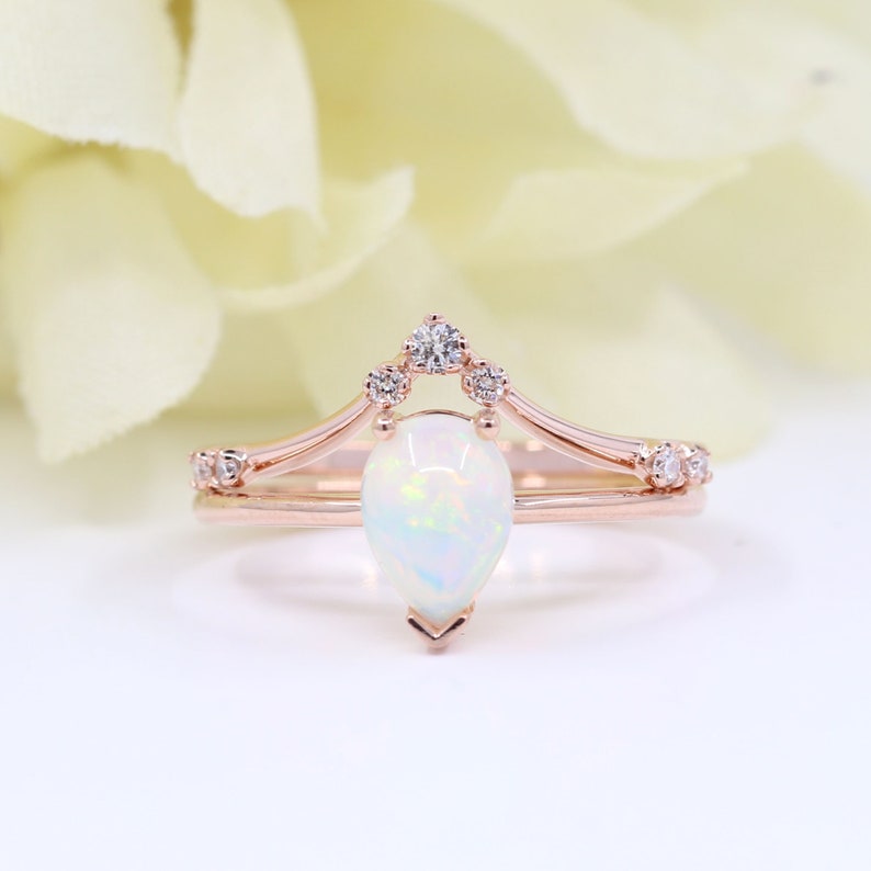 14K PEAR OPAL RING DIAMOND CHEVRON BAND 2 RING SET