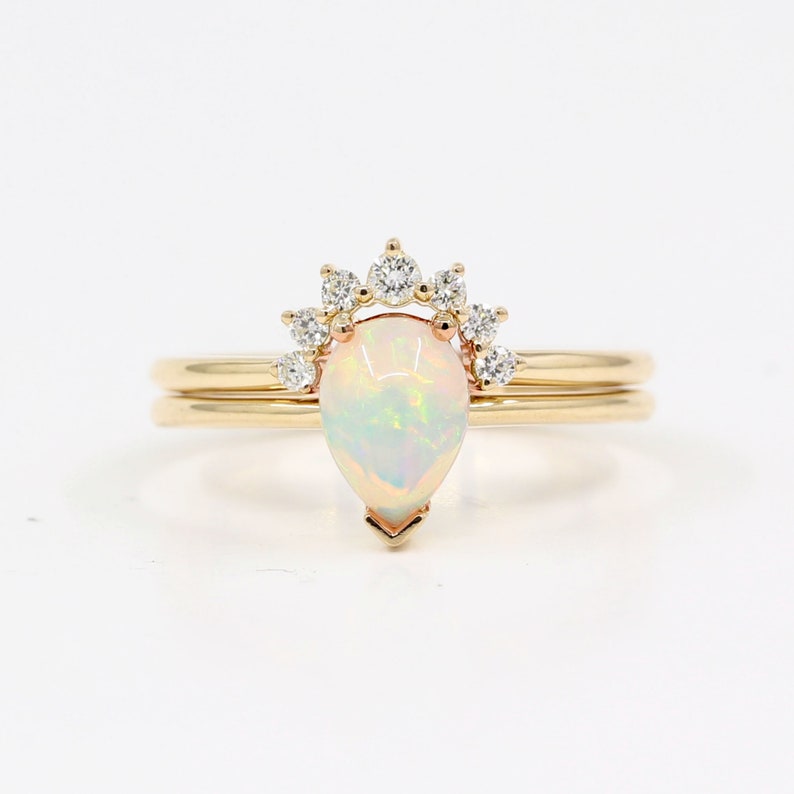 14K PEAR OPAL RING DIAMOND CROWN U BAND 2 RING SET