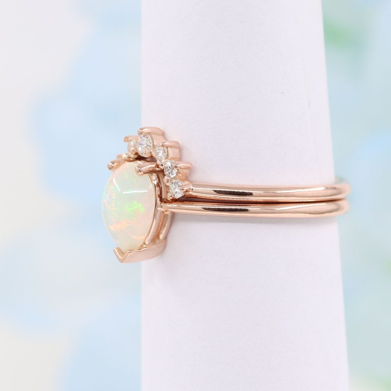 14K PEAR OPAL RING DIAMOND CROWN U BAND 2 RING SET