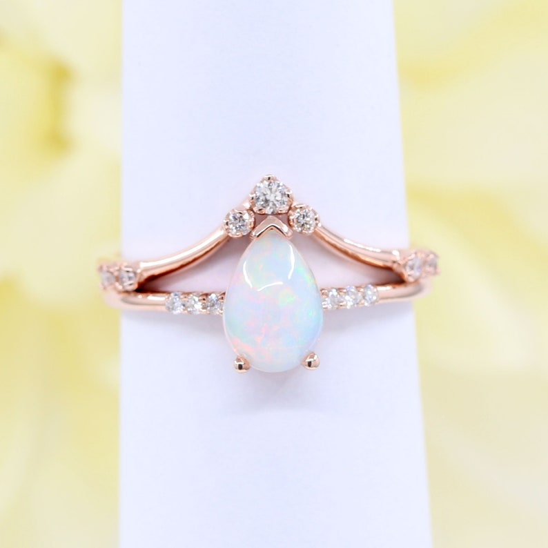14K PEAR OPAL RING DIAMOND CHEVRON BAND 2 RING SET