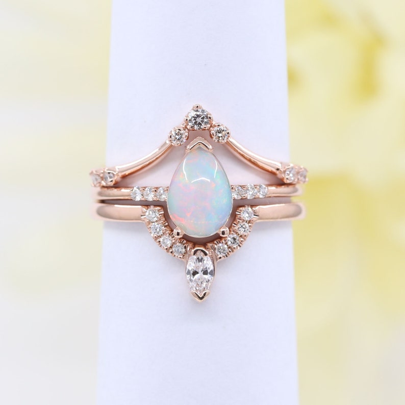 14K PEAR OPAL RING DIAMOND CHEVRON BAND 3 RING SET