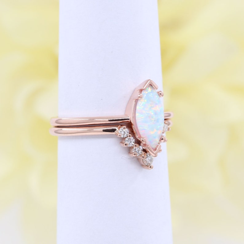 14K MARQUISE OPAL RING DIAMOND V BAND 2 RING SET
