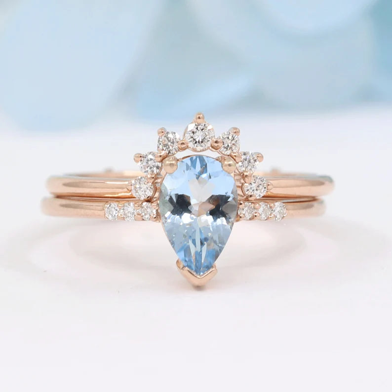 14K PEAR AQUAMARINE RING DIAMOND CROWN BAND 2 RING SET