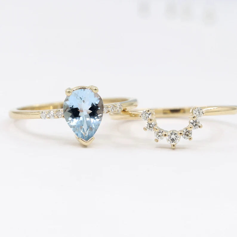 14K PEAR AQUAMARINE RING DIAMOND CROWN BAND 2 RING SET