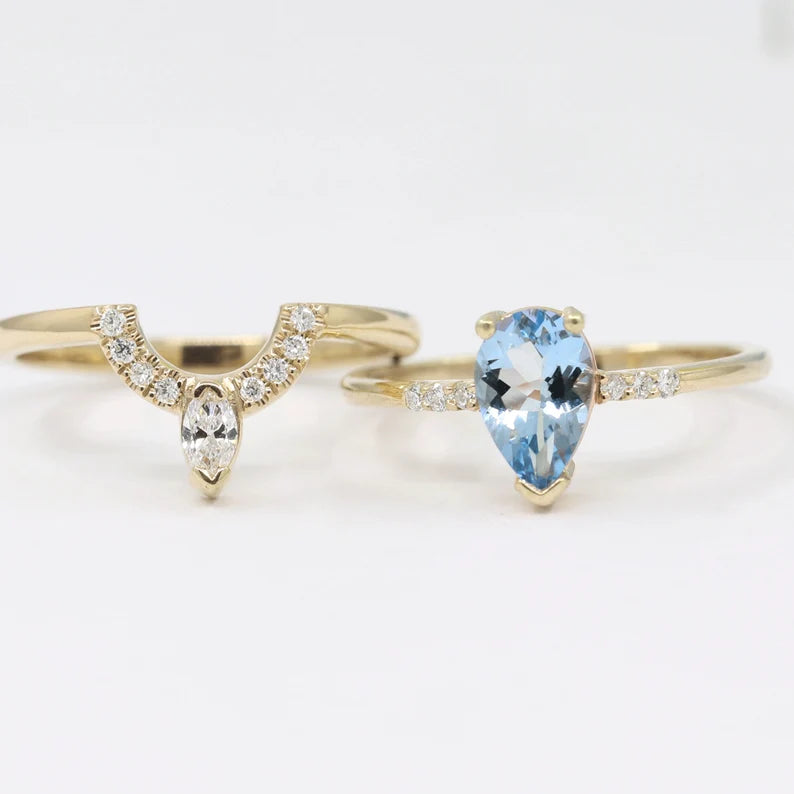 14K PEAR AQUAMARINE RING MARQUISE DIAMOND CROWN U BAND 2 RING SET