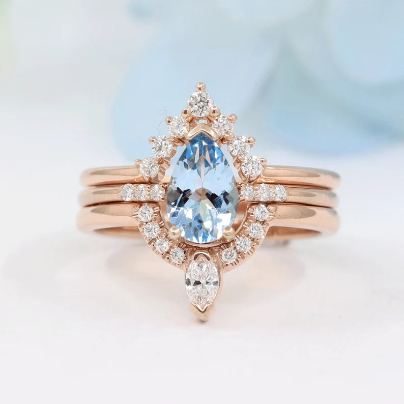 14K PEAR AQUAMARINE RING MARQUISE DIAMOND CROWN U BAND 3 RING SET