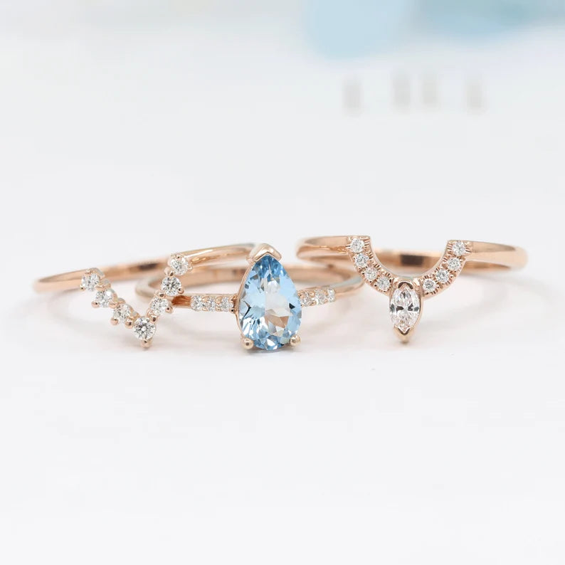 14K PEAR AQUAMARINE RING MARQUISE DIAMOND CROWN U BAND 3 RING SET